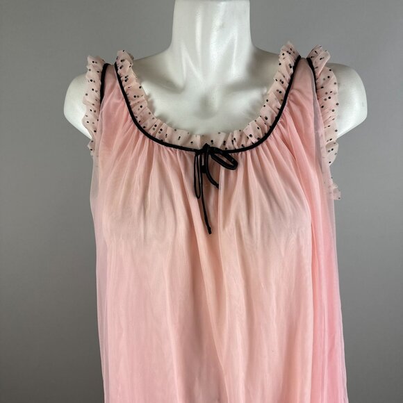 Vtg 60s Perlon Pink Black Polka Dot Ruffle Babydoll Lingerie Nightgown size 46 - Picture 3 of 7